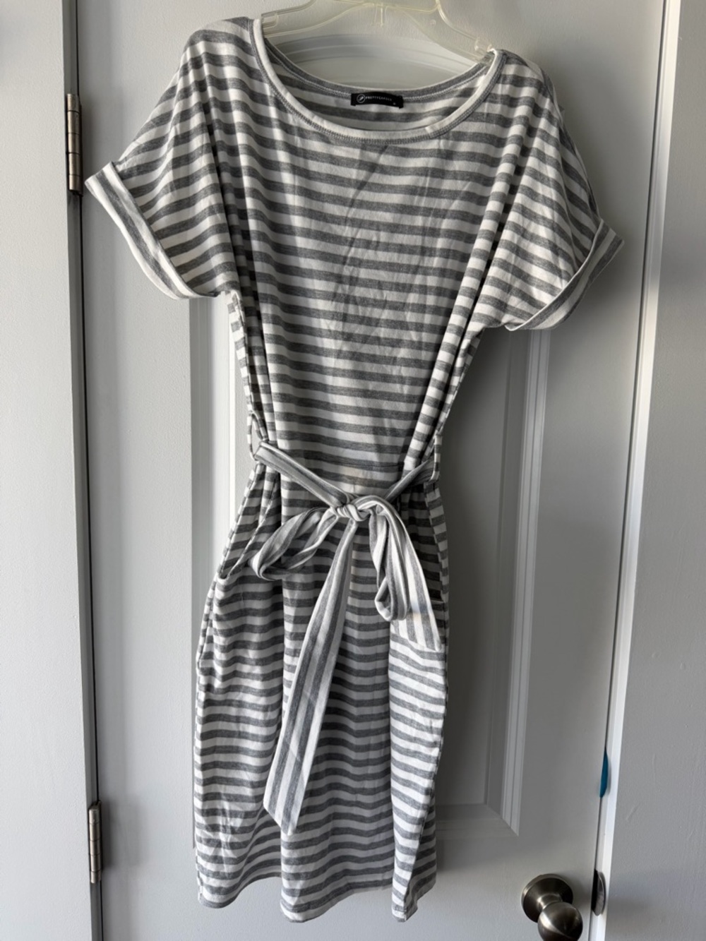 Casual Grey & White Striped Mini Dress with Tie Waist